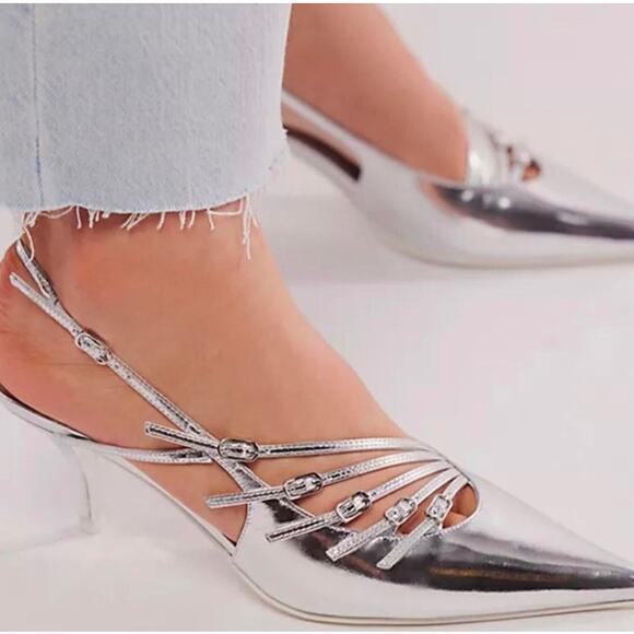 JEFFREY CAMPBELL Lash Sling Back Heel Metallic Silver Buckle Strap Women's 5.5 - Picture 10 of 10